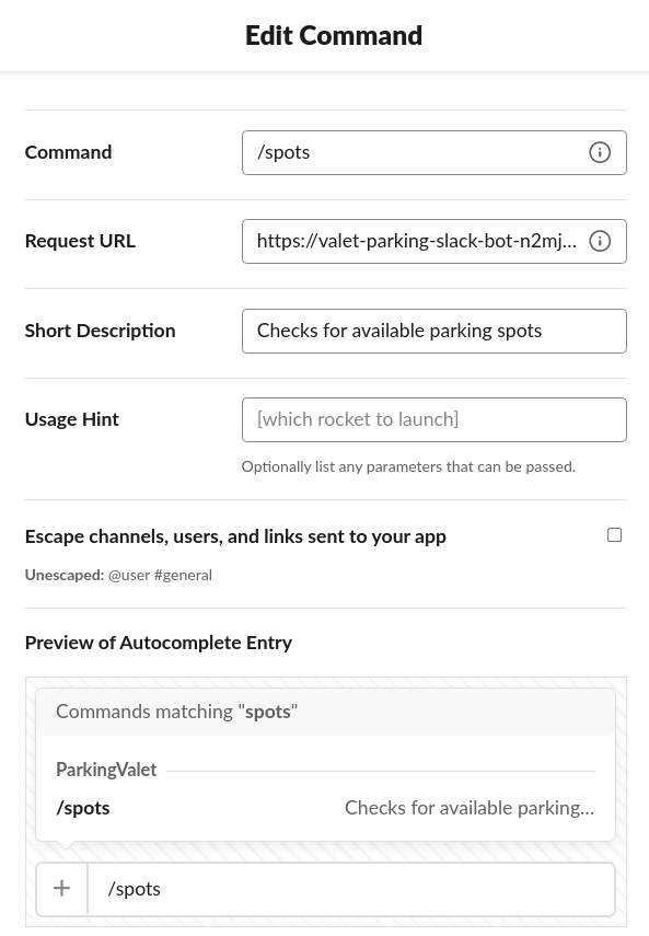 “Slack slash command configuration”